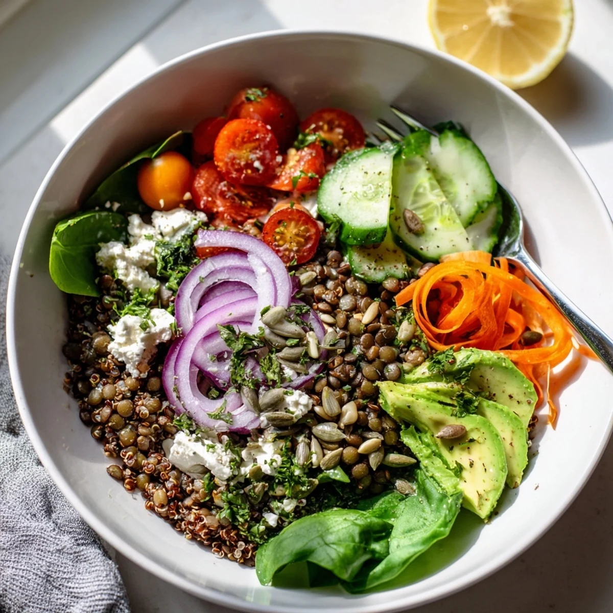 Colorful lentil grain bowl topped with fresh veggies, avocado, and a bright lemon herb dressing.