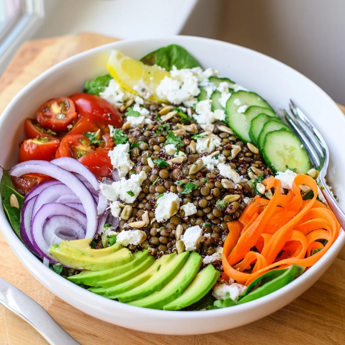 Hearty lentil grain bowl layered with quinoa, crisp vegetables, toasted seeds, and creamy feta.
