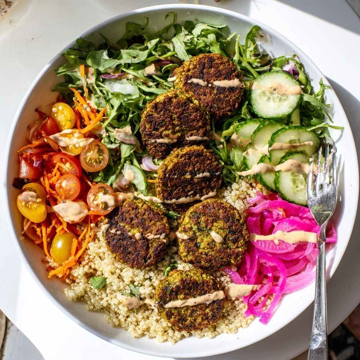 Crispy golden falafel grain bowl topped with fresh vegetables and creamy tahini dressing