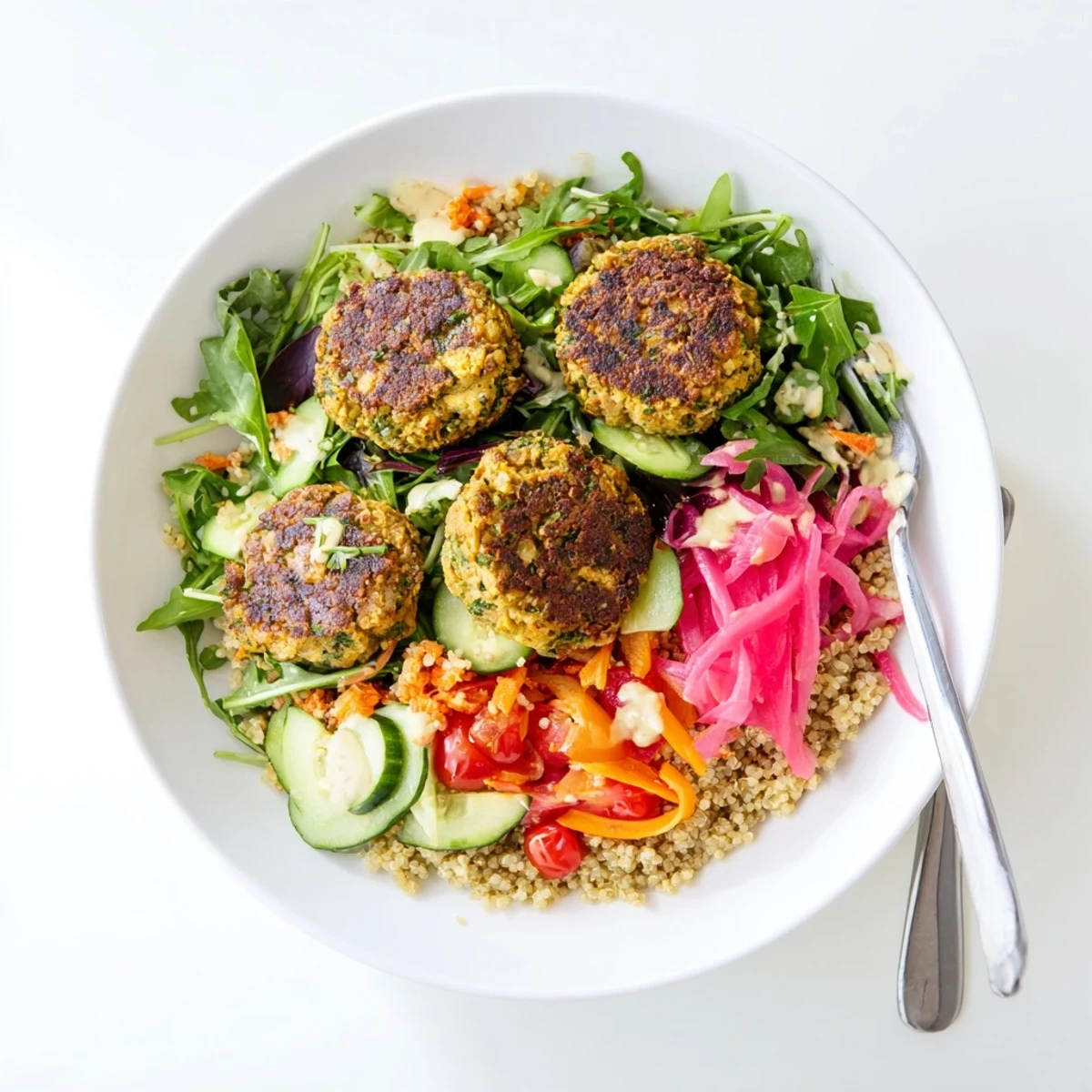 A vibrant falafel grain bowl loaded with colorful veggies, quinoa, and herbs