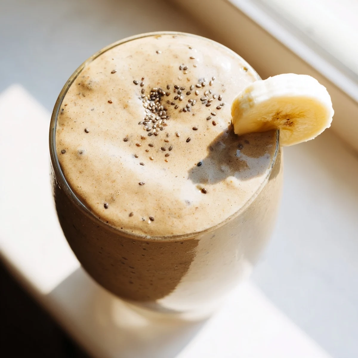 Creamy banana protein coffee smoothie topped with cinnamon in a tall glass
