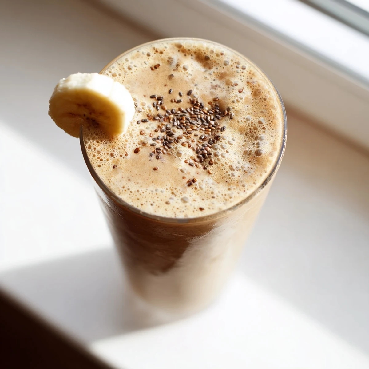 Rich banana protein coffee smoothie blended with espresso and fresh banana slices