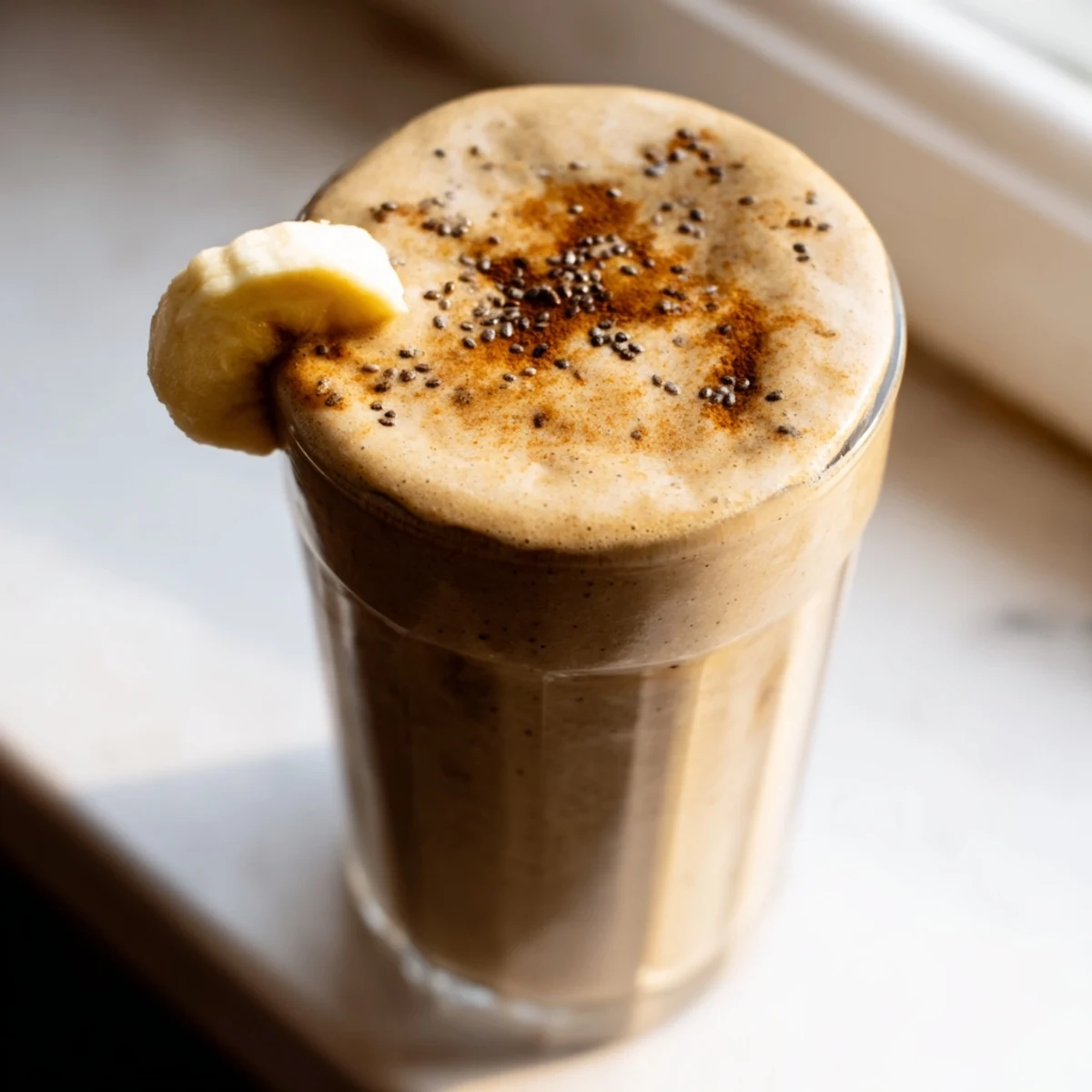 Thick frosty banana protein coffee smoothie poured into a mason jar