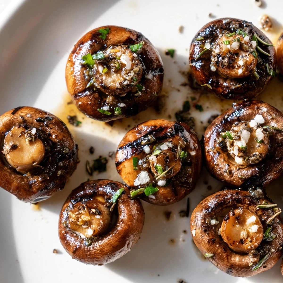 Golden sautéed grilled garlic mushrooms glistening with butter and fresh parsley