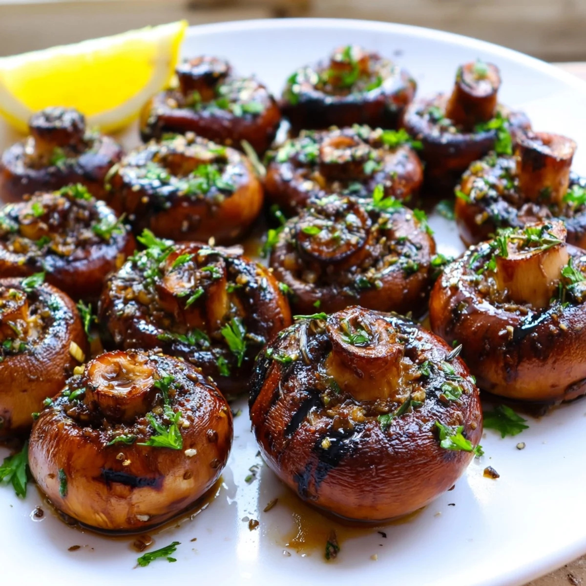 Smoky grilled garlic mushrooms sizzling in a skillet with fragrant herbs
