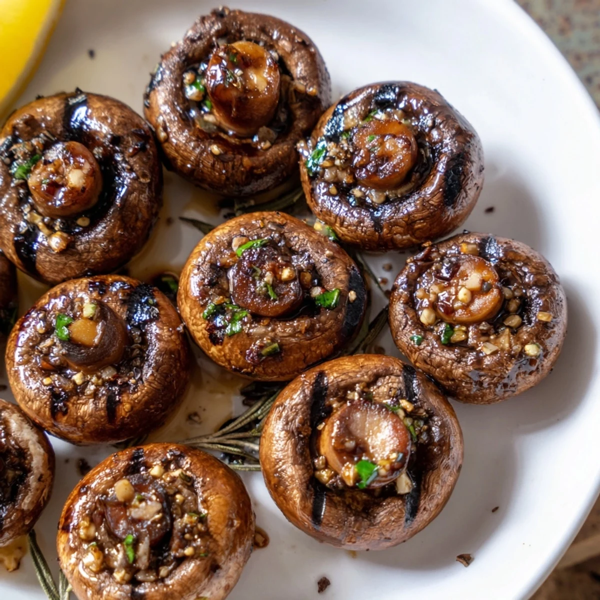 Tender sautéed grilled garlic mushrooms piled in a bowl ready to serve