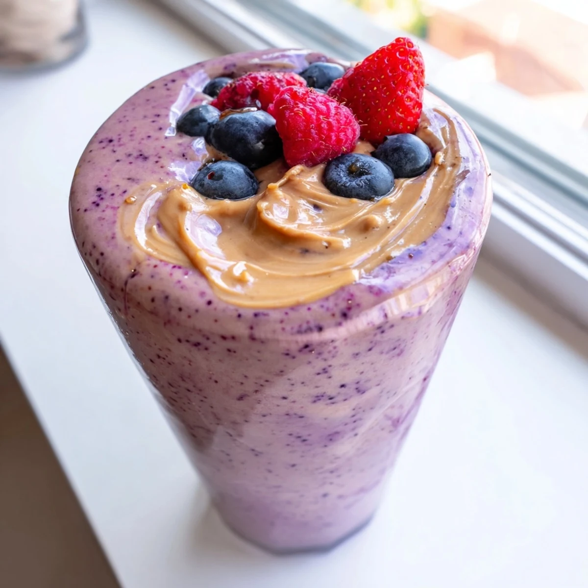 Creamy peanut butter berry smoothie swirled with vibrant berries and poured tall