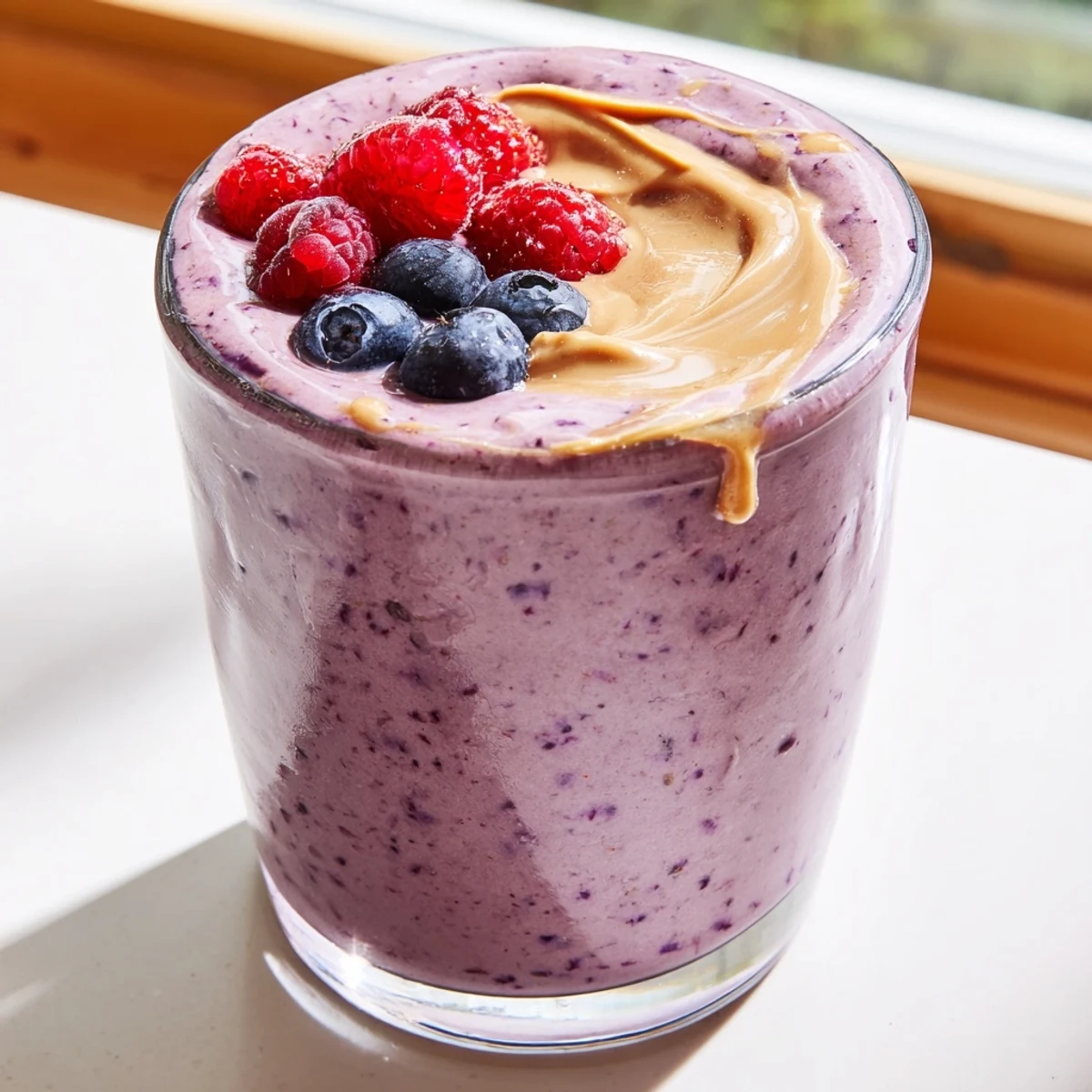Chilled peanut butter berry smoothie in a glass garnished with a strawberry slice