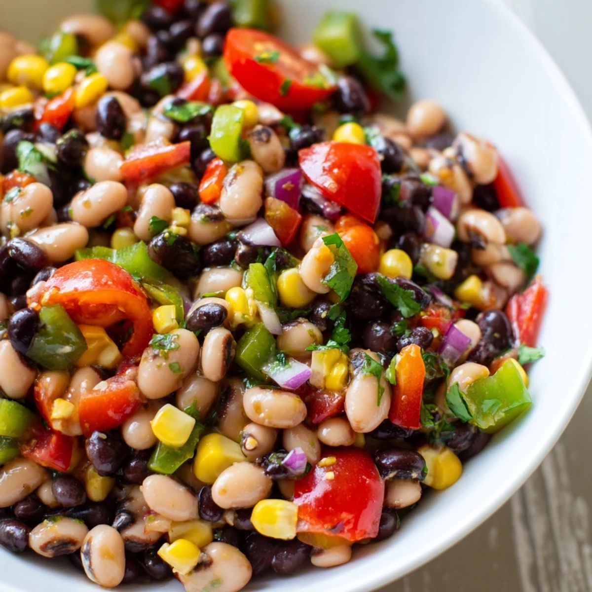 Colorful cowboy caviar in a bowl with black beans, corn, and diced peppers