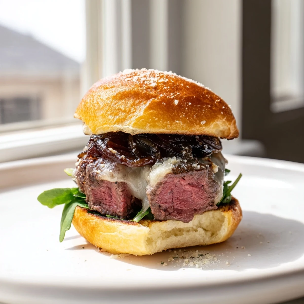 Juicy filet mignon sliders on golden garlic parmesan rolls with melted cheese and caramelized onions
