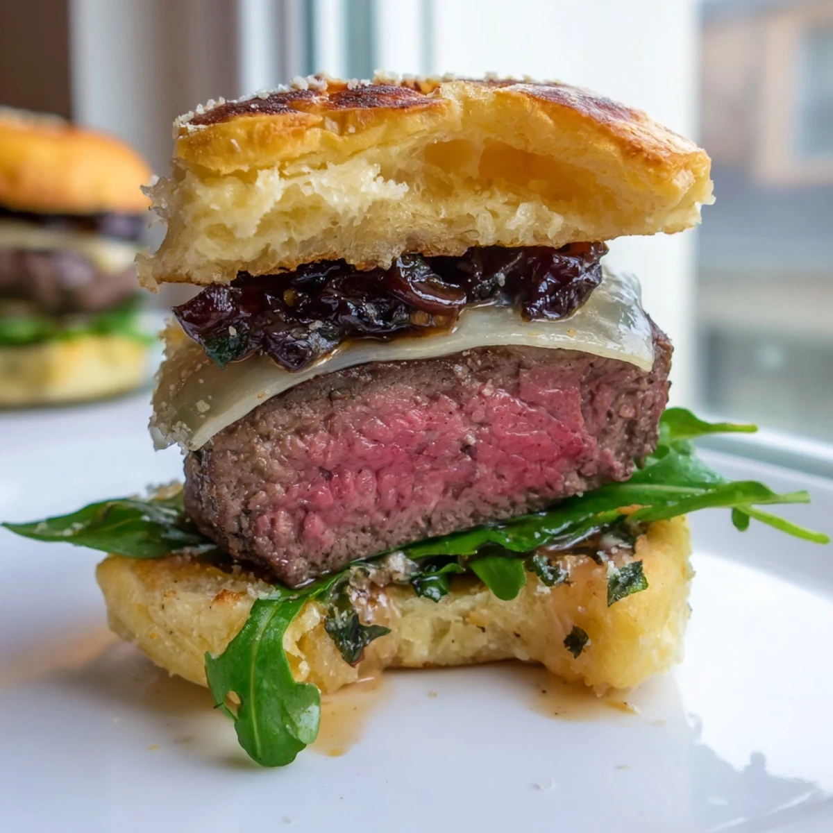 Tender filet mignon sliders served on warm garlic parmesan rolls topped with fresh arugula