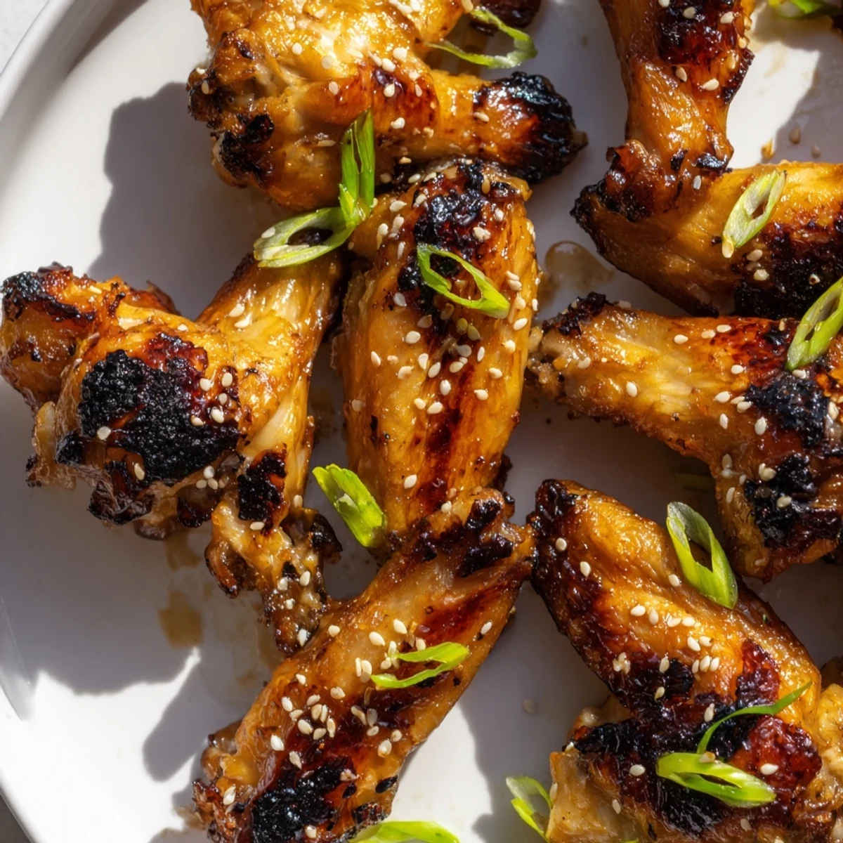 Crispy miso honey marinated chicken wings glistening with sticky golden glaze on a rustic platter