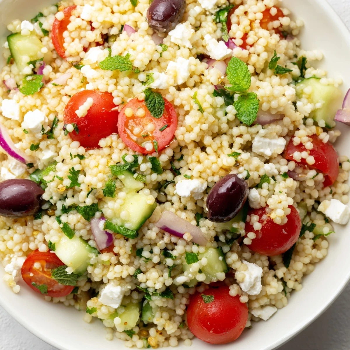 A bright Mediterranean Couscous Salad topped with crumbled feta and fresh herbs in a rustic bowl