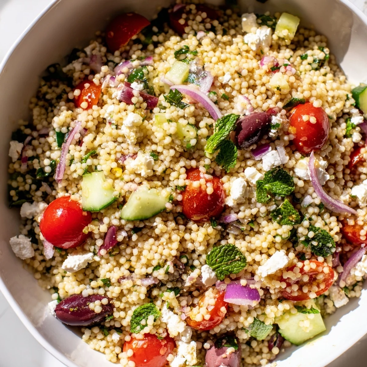 Fluffy couscous tossed with colorful vegetables and Kalamata olives in a shiny lemon vinaigrette