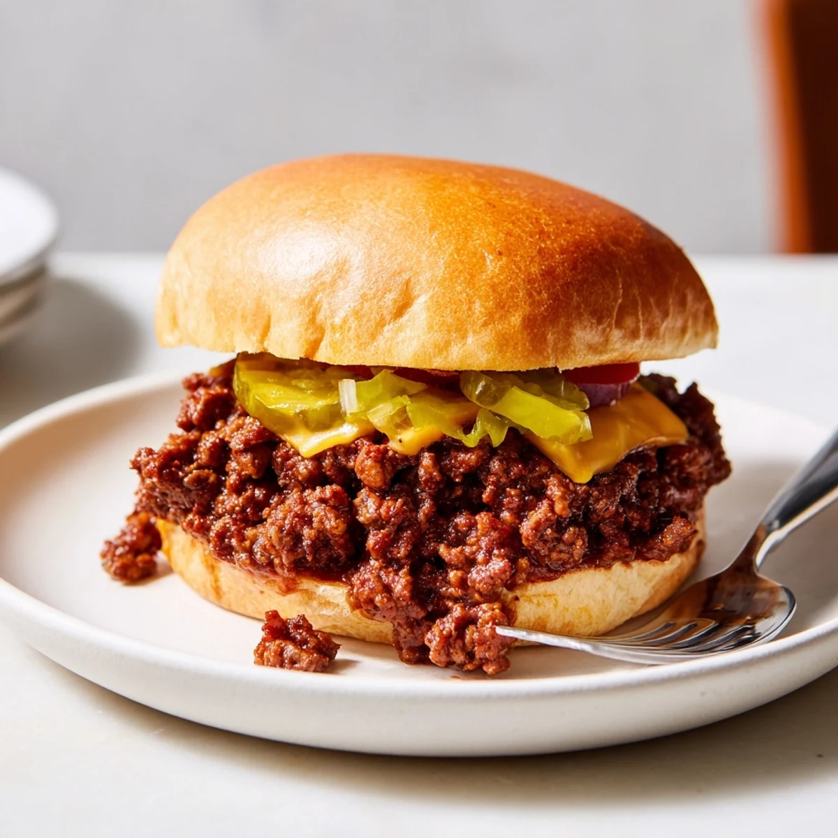 Smash Burger Sloppy Joes piled high with pickles on a buttery bun