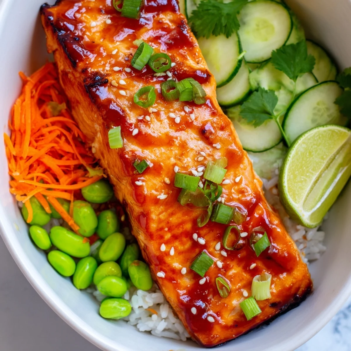 Glistening Sriracha honey glazed salmon bowls with colorful crisp vegetables over fluffy white rice