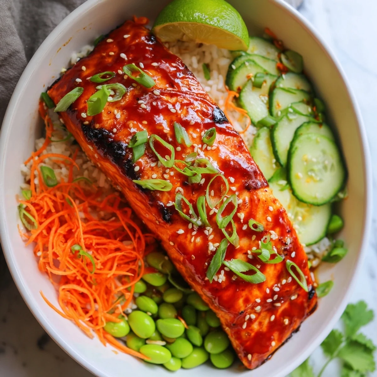Spicy-sweet Sriracha honey glazed salmon bowls loaded with edamame, shredded carrots, and steamed rice