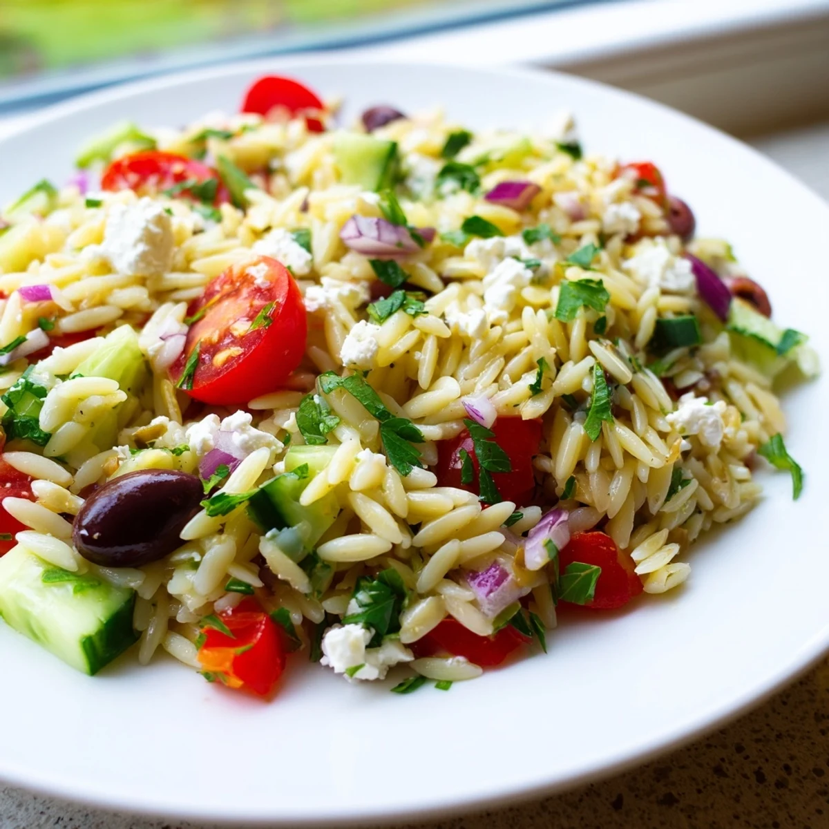 Juicy Mediterranean Orzo Pasta Salad bursting with cherry tomatoes, cucumber, and tangy feta