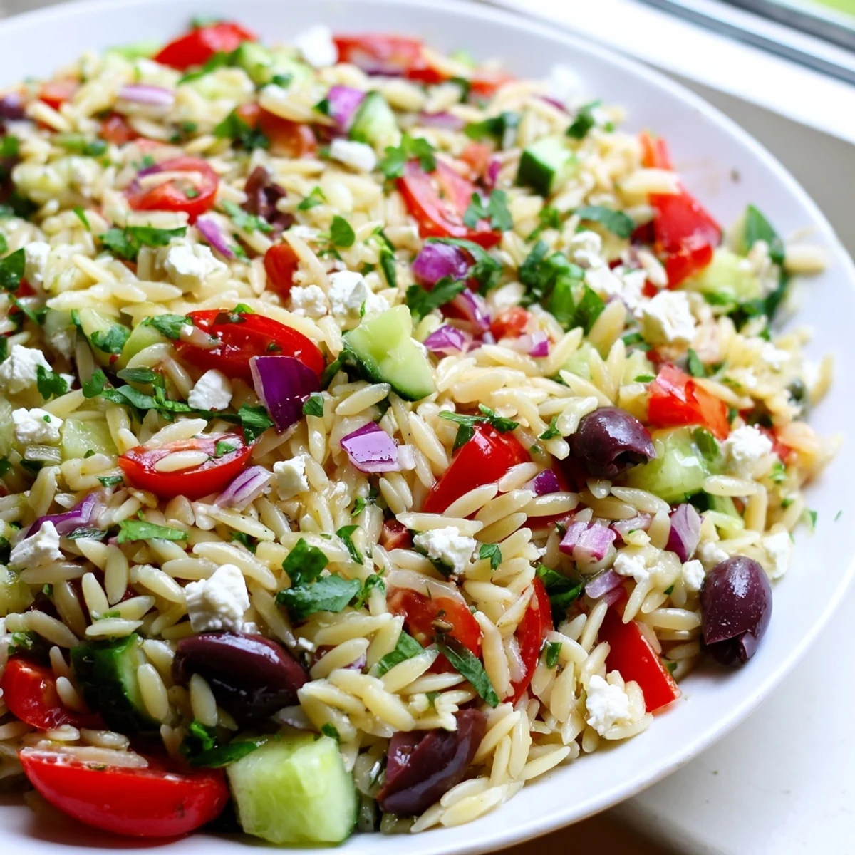 A bright bowl of Juicy Mediterranean Orzo Pasta Salad tossed with fresh herbs and olives