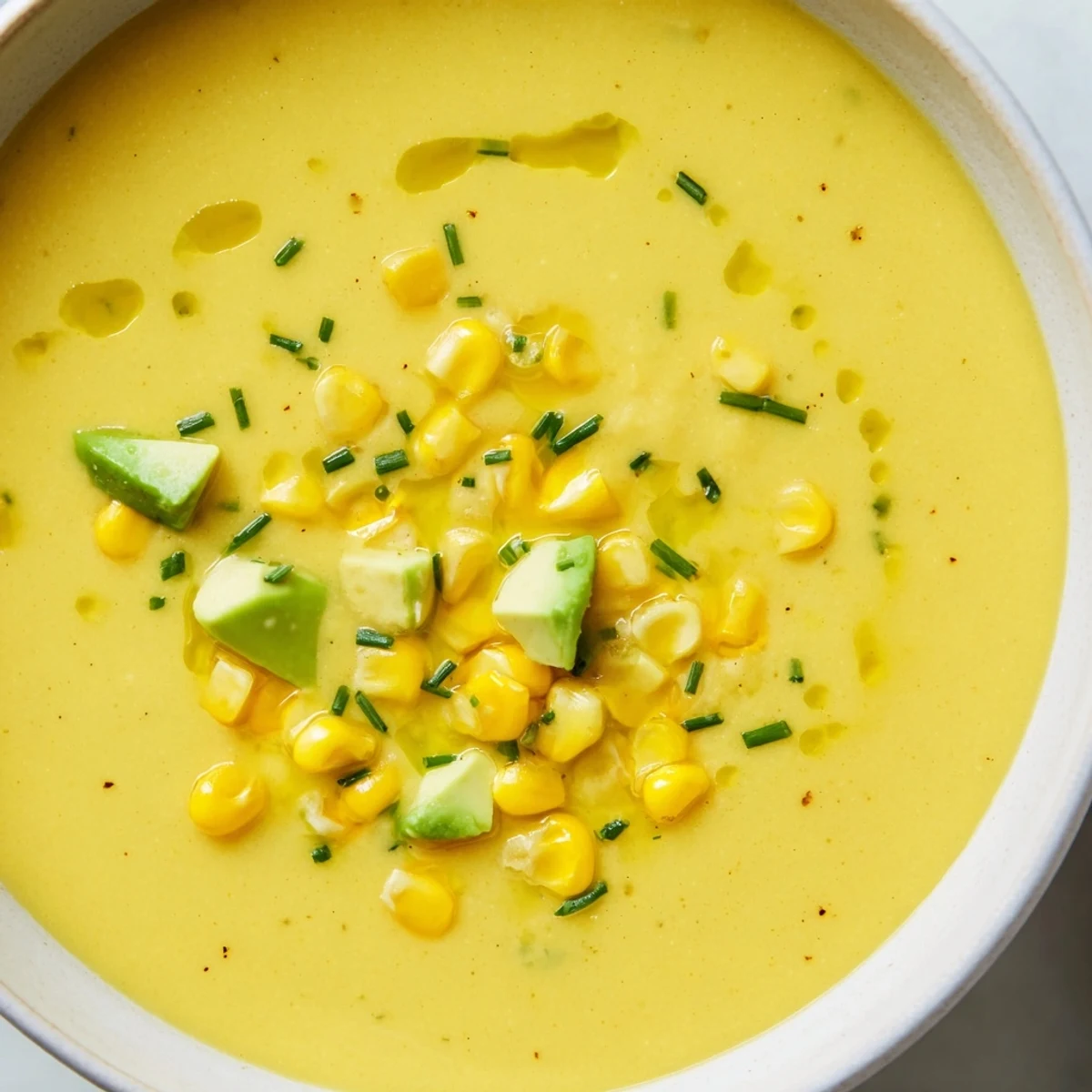 Golden summer sweet corn gazpacho topped with fresh herbs and a drizzle of olive oil