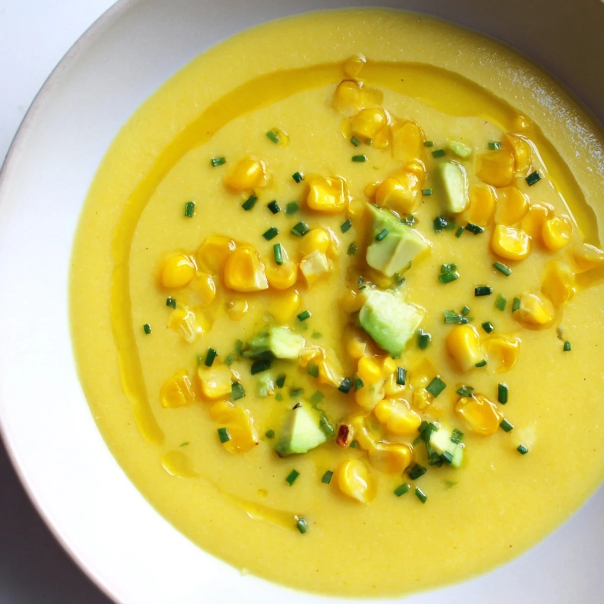 Creamy summer sweet corn gazpacho served chilled in a rustic bowl with avocado garnish