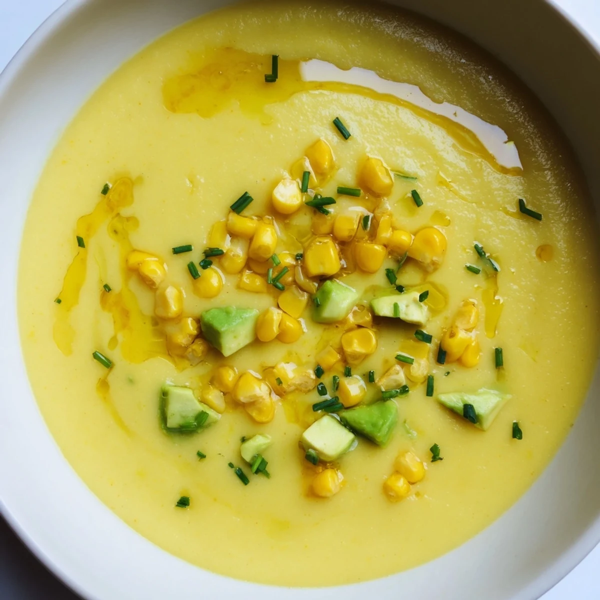 Vibrant summer sweet corn gazpacho poured into bowls with diced vegetables and bright citrus notes