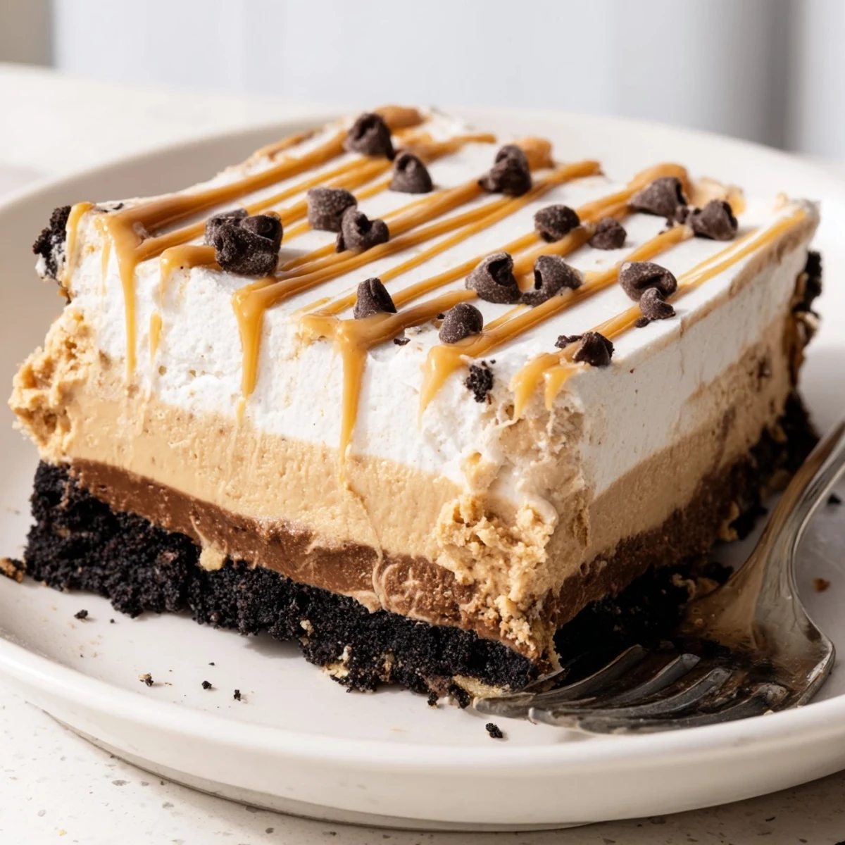 Golden peanut butter layered delight topped with whipped cream and chocolate shavings