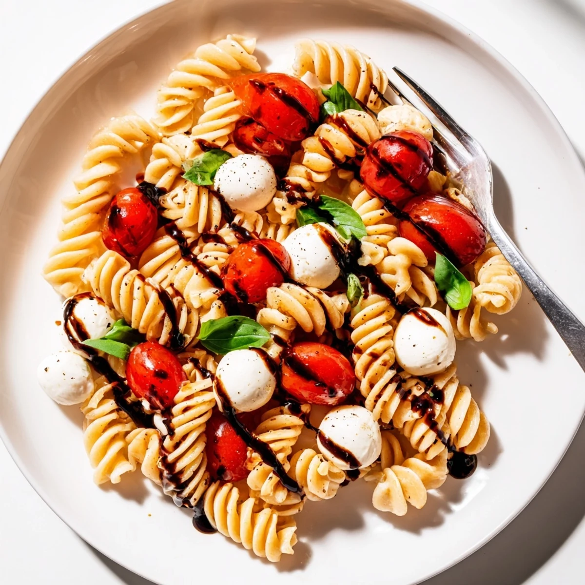 Colorful Caprese Pasta Salad loaded with juicy tomatoes, fresh mozzarella, and fragrant basil leaves