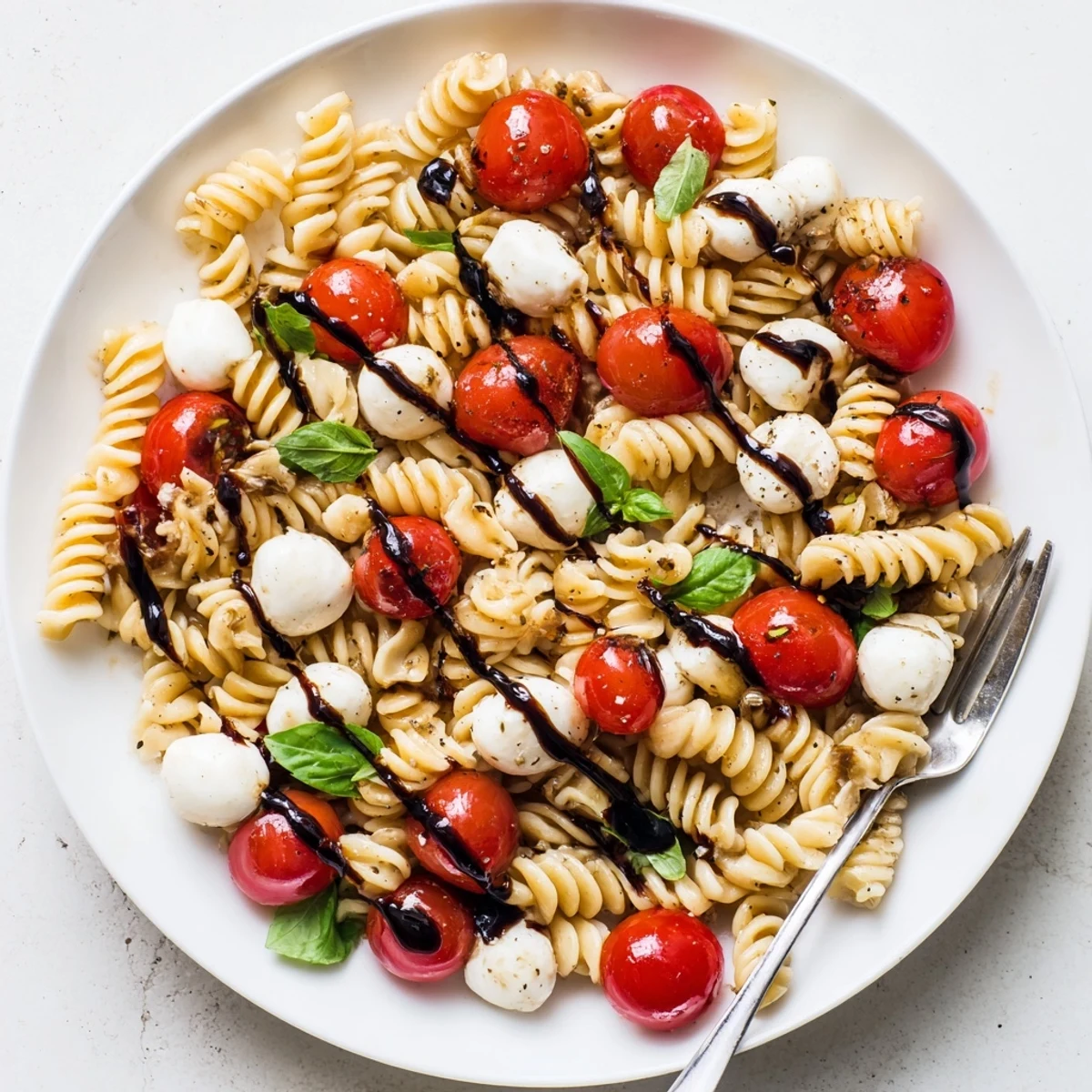 Chilled Caprese Pasta Salad in a serving bowl garnished with torn basil and black pepper