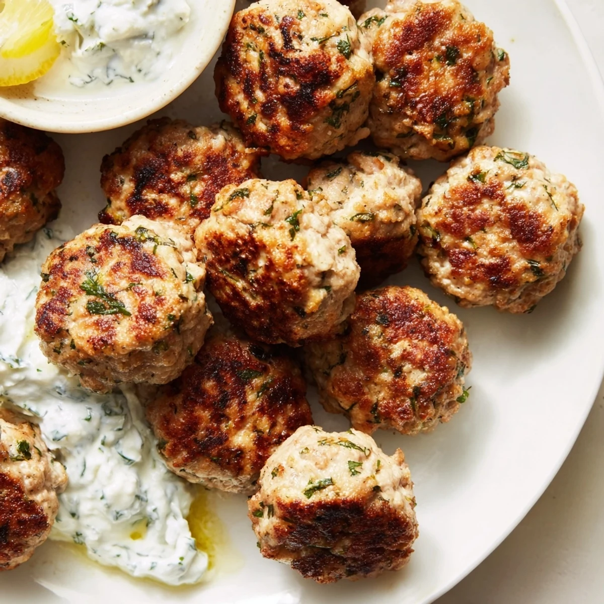 Golden Greek turkey meatballs nestled beside a bowl of cool, creamy tzatziki sauce