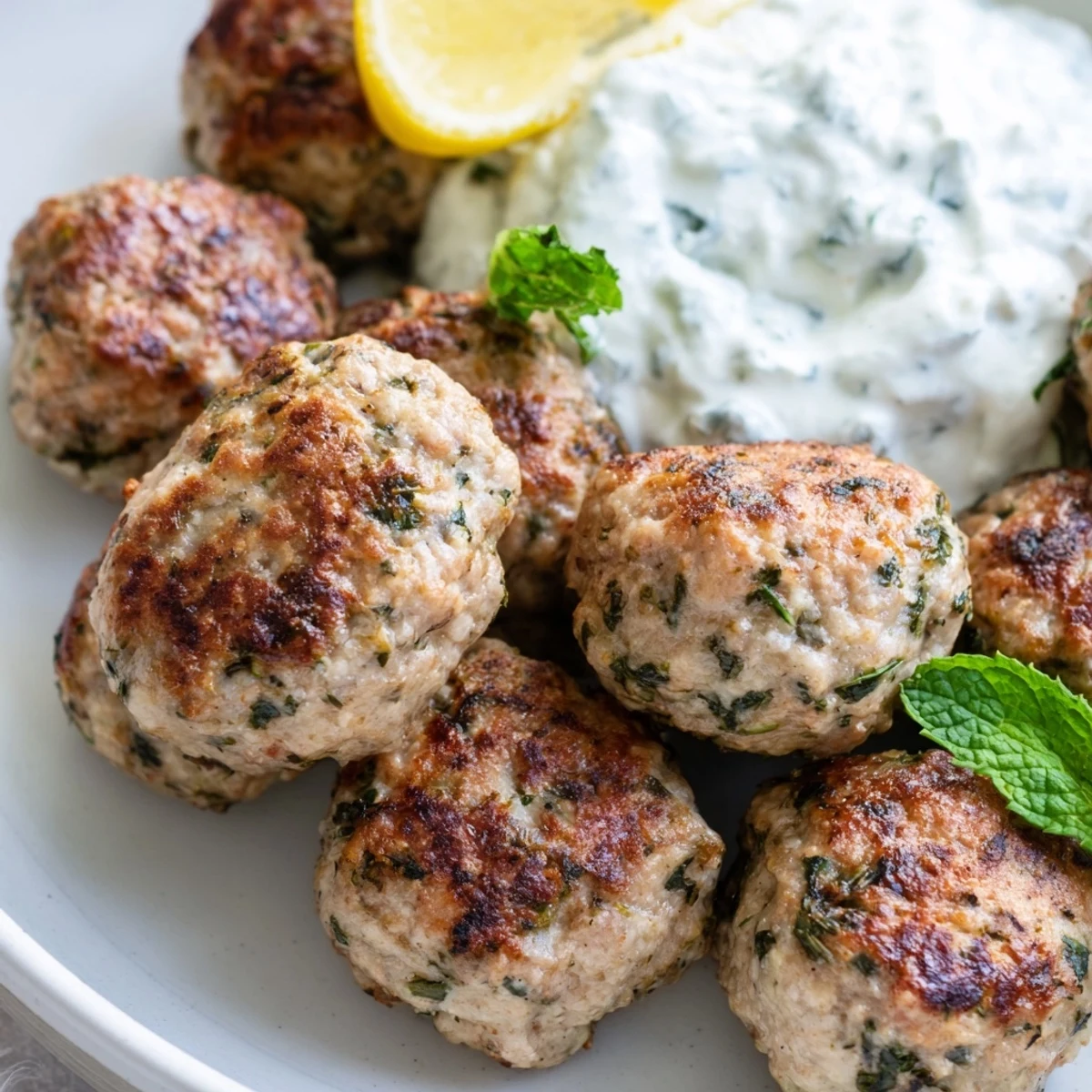 Crispy herb-flecked Greek turkey meatballs drizzled with tzatziki on a rustic white plate