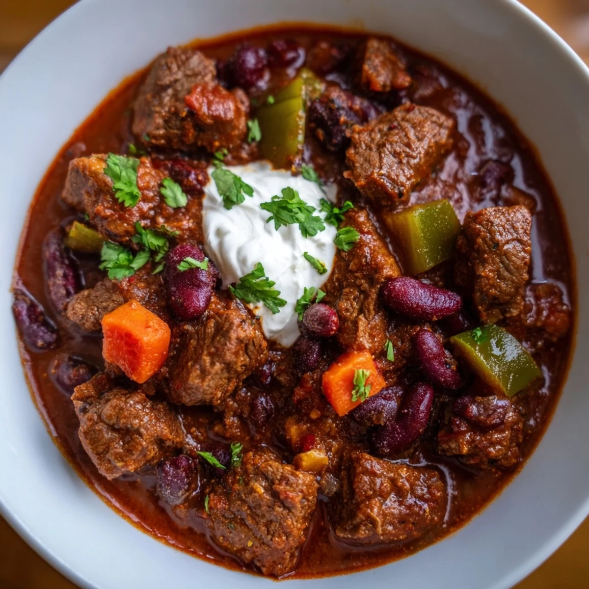 Steaming bowl of beefy chili stew with tender beef chunks and vibrant red kidney beans
