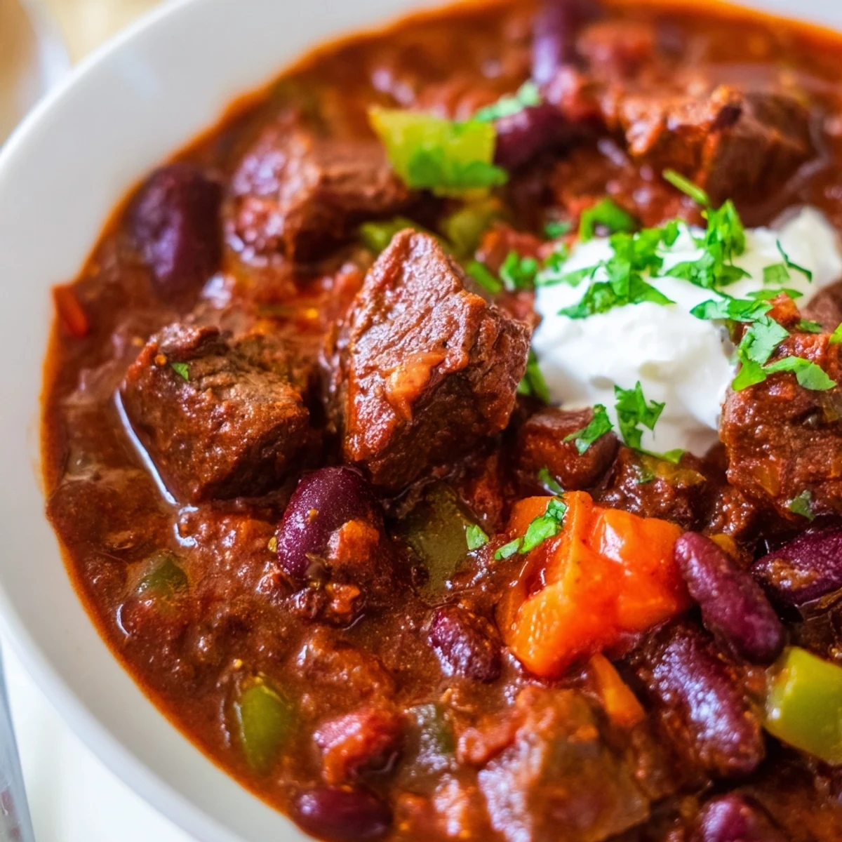 Thick beefy chili stew topped with shredded cheese and a dollop of sour cream