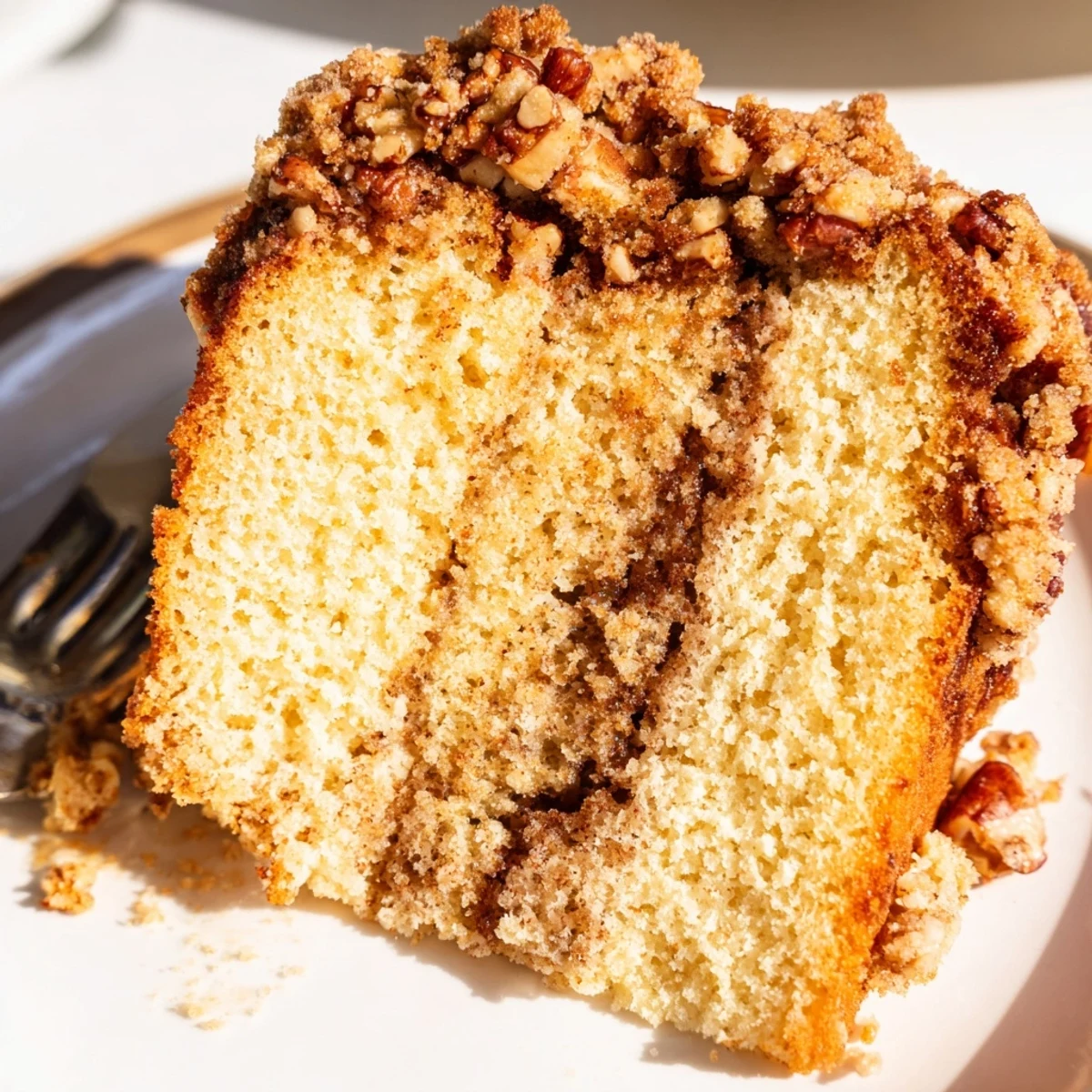 Warm cinnamon pecan crunch coffee cake sliced on a rustic wooden cutting board