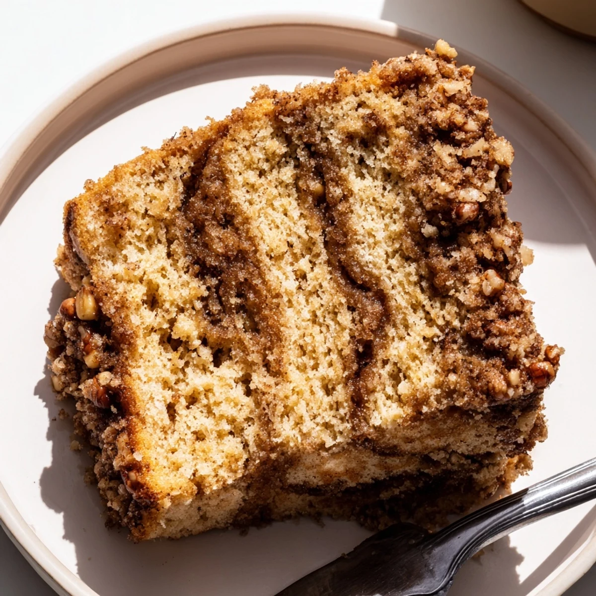 Golden cinnamon pecan crunch coffee cake topped with a crumbly brown sugar pecan streusel