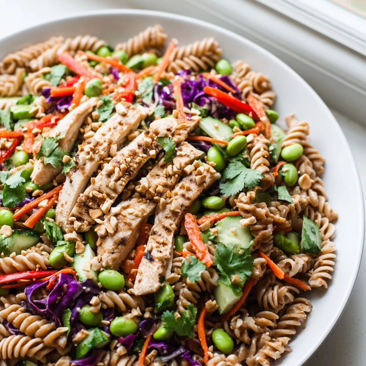Colorful Protein Packed Thai Pasta Salad tossed in creamy peanut dressing with crunchy vegetables