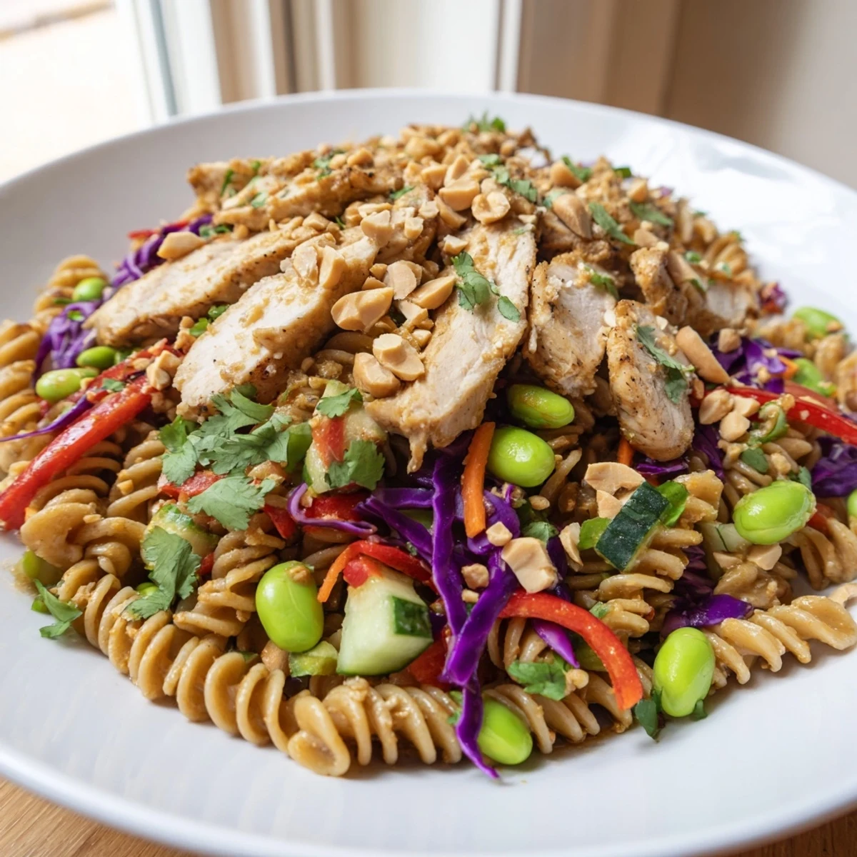 Protein Packed Thai Pasta Salad topped with grilled chicken, sesame seeds, and fresh cilantro