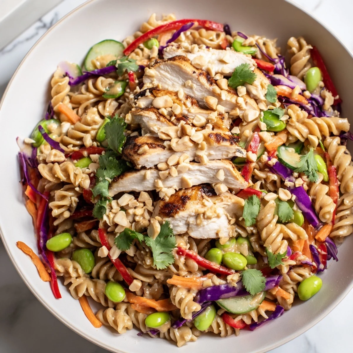 A close-up of Protein Packed Thai Pasta Salad in a bowl with vibrant julienned carrots and cabbage