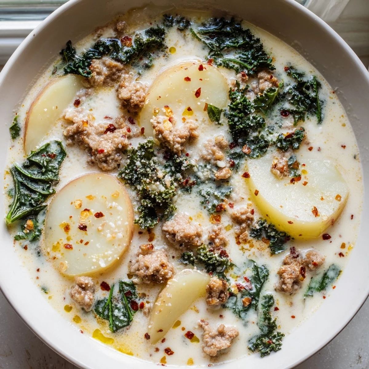 Creamy Zuppa Toscana soup loaded with sausage, potatoes, and tender kale