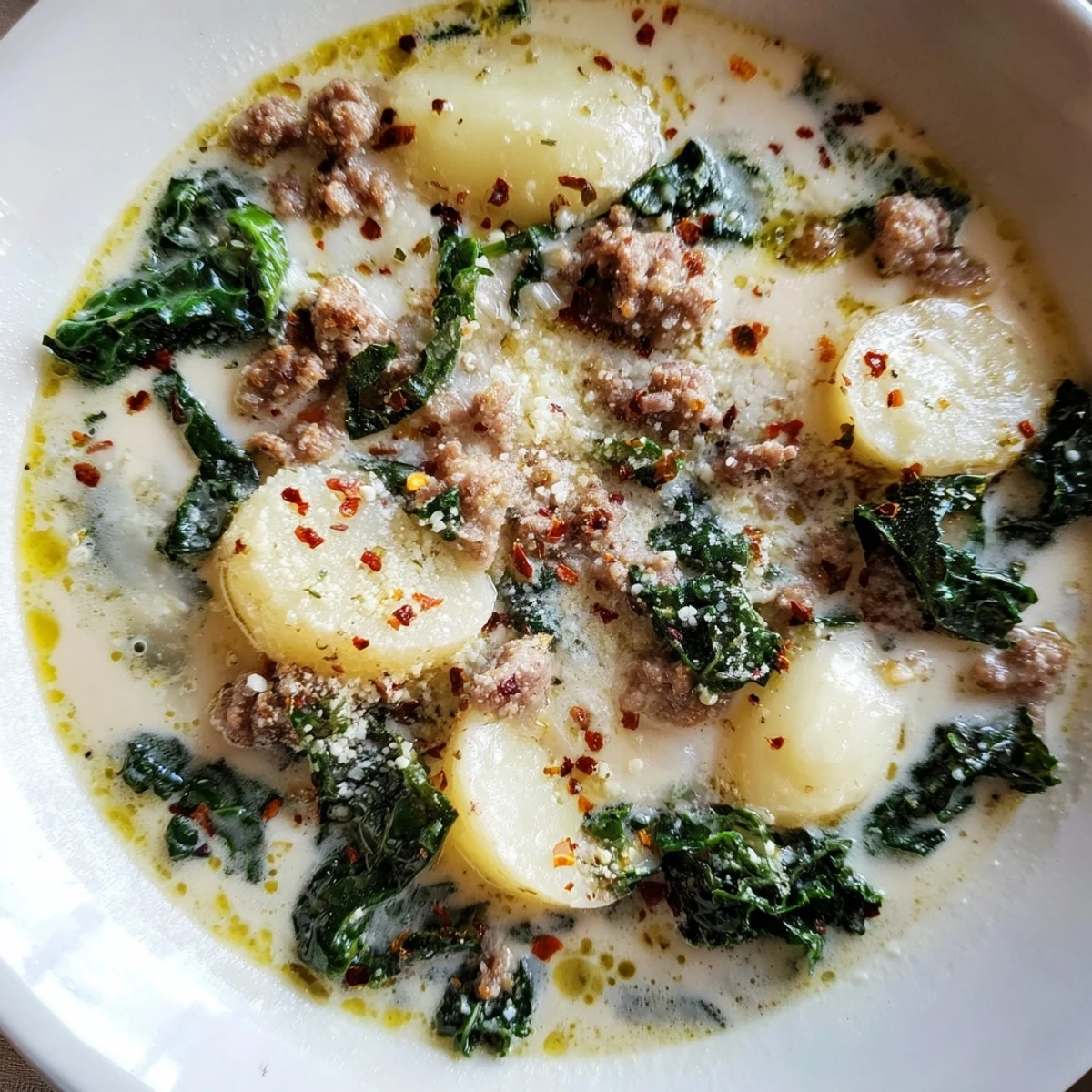 Steaming bowl of Zuppa Toscana soup garnished with Parmesan and crusty bread