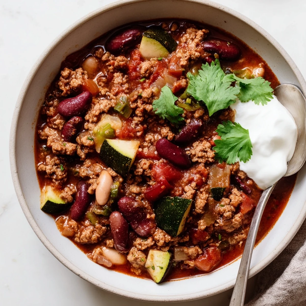 Steaming bowl of diabetic chili recipe topped with fresh cilantro and Greek yogurt