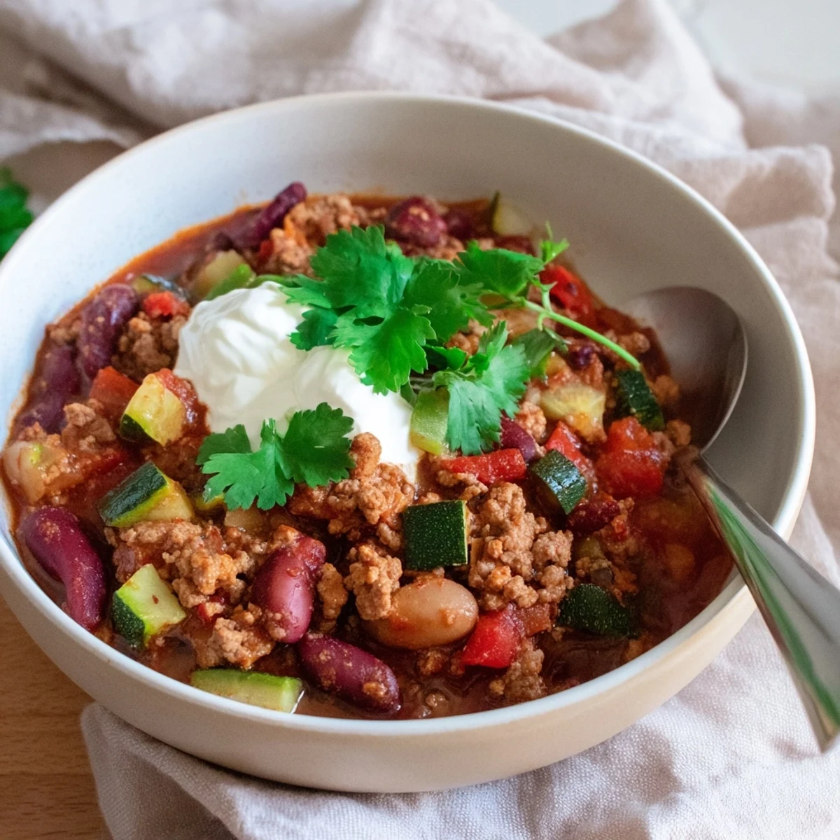 Warm diabetic chili recipe served in a rustic bowl with diced bell peppers