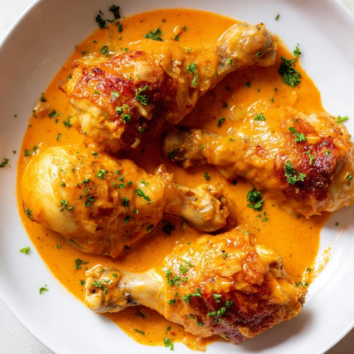 Tender, seared chicken drumsticks coated in a thick, spiced paprika cream sauce ready to serve
