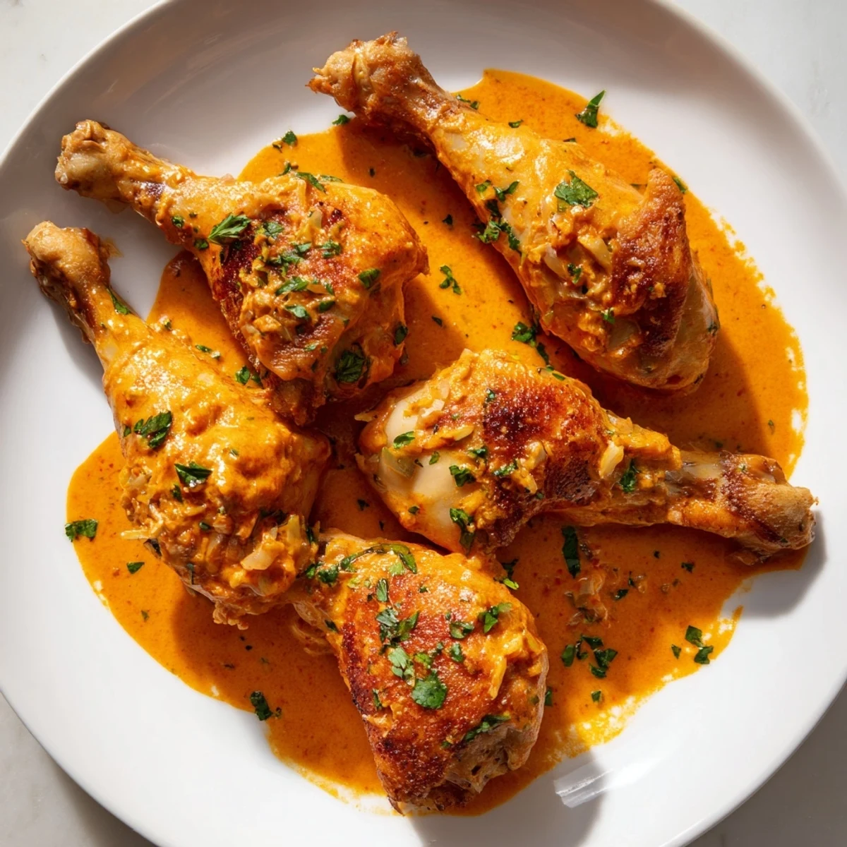 Golden chicken drumsticks glistening in a rich, smoky paprika cream sauce on a rustic plate