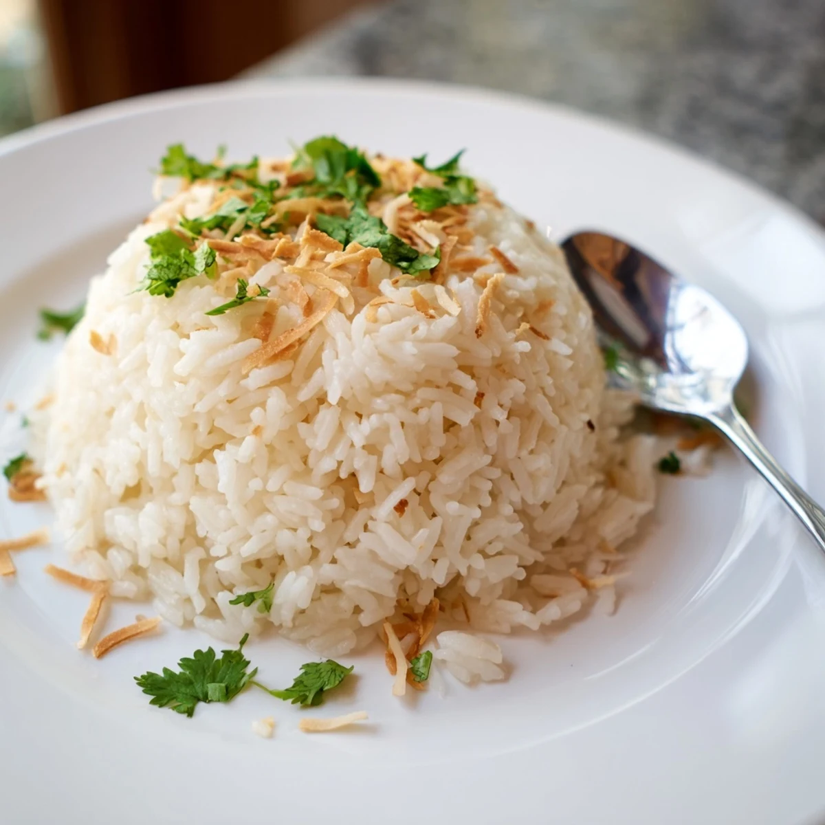 Steaming bowl of coconut rice served alongside Thai curry in rustic dishware