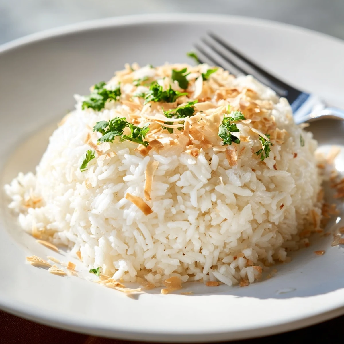 Creamy coconut rice garnished with toasted coconut and fresh cilantro in a white bowl