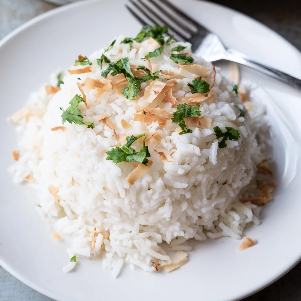Fluffy coconut rice topped with shredded coconut, perfect pairing for grilled meats