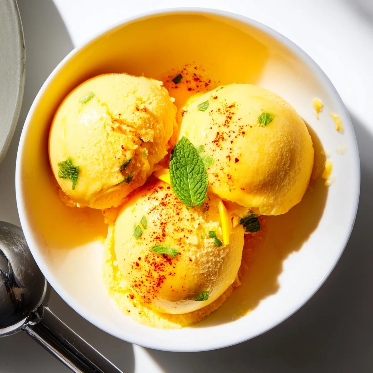 Golden creamy chili lime mango sorbet swirling with tropical aroma, topped with a chili sprinkle