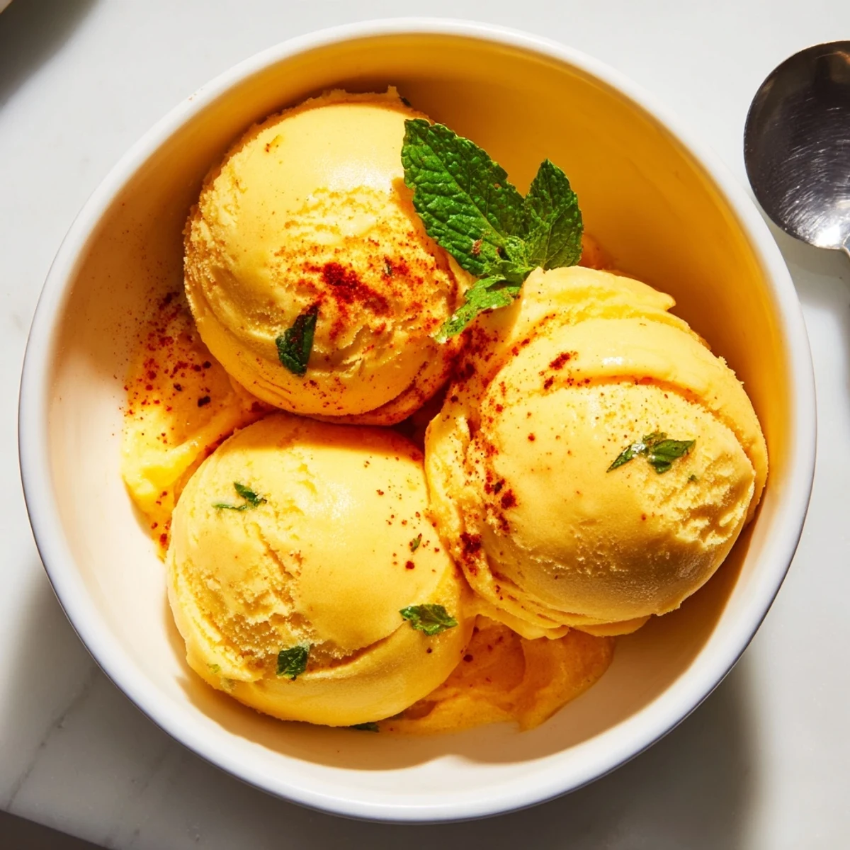 Creamy chili lime mango sorbet scooped into bowls with fresh lime wedges on a sunny patio