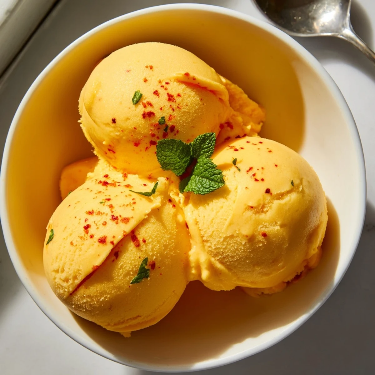 Smooth creamy chili lime mango sorbet melting softly in a waffle cone on a summer afternoon